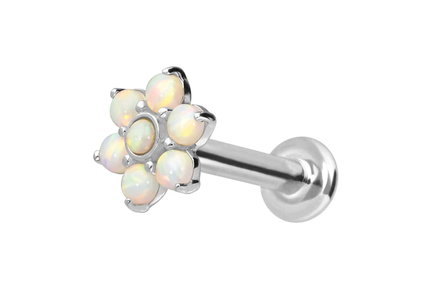 14 Karat Gold Labret Piercing mit Push Fit BLUME + 7 SYNTHETISCHE OPALE